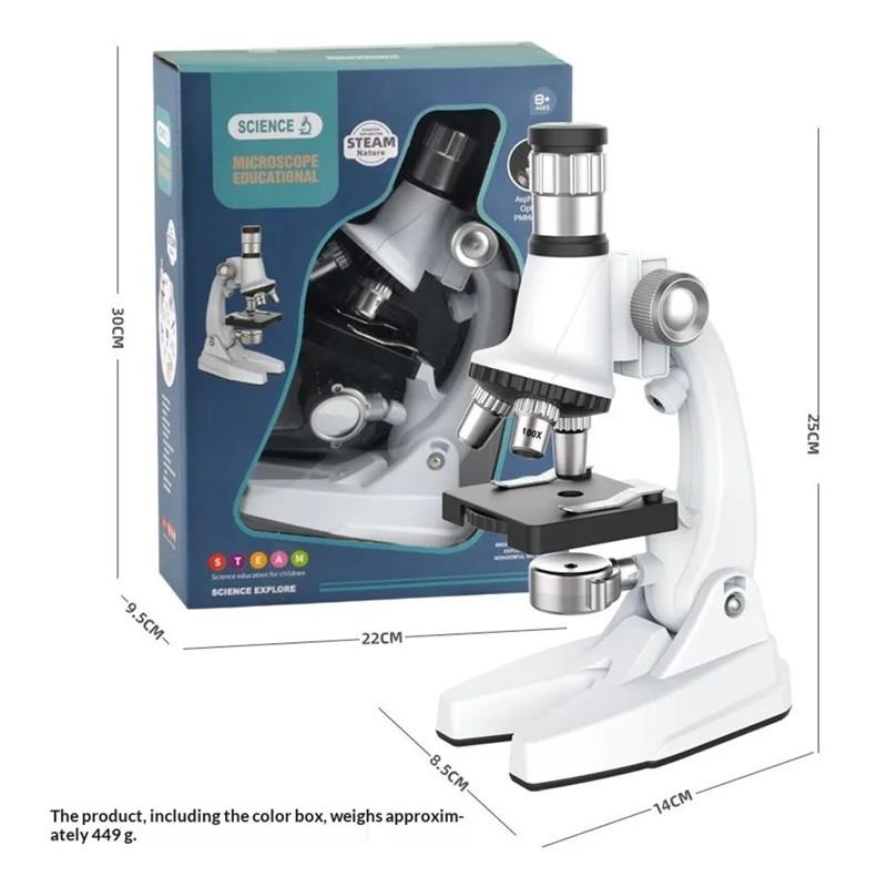 QB3304 Microscópio Infantil com Ampliação de 1200x, Kit de Experiência Científica de Biologia com Luz LED - Branco