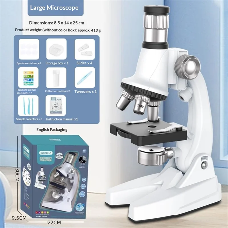 QB3304 Microscópio Infantil com Ampliação de 1200x, Kit de Experiência Científica de Biologia com Luz LED - Branco