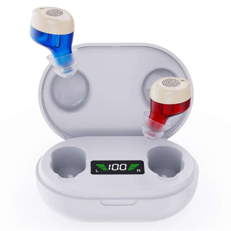 GM-902T Wiederaufladbare Hörgeräte mit digitalem Display, Sprachverstärker für Senioren mit Ladeetui - Rot Blau / Weißes Etui