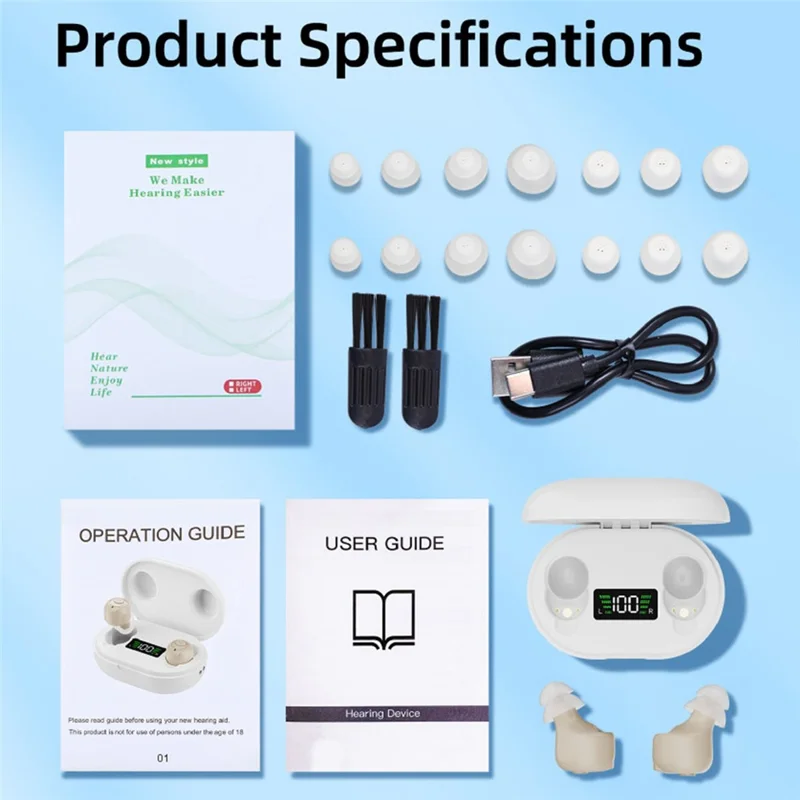 Aparelho de Audição GM-903 com Estojo de Carregamento, Amplificador de Som Digital com Visor LED Recarregável para Idosos - Bege / Estojo Branco