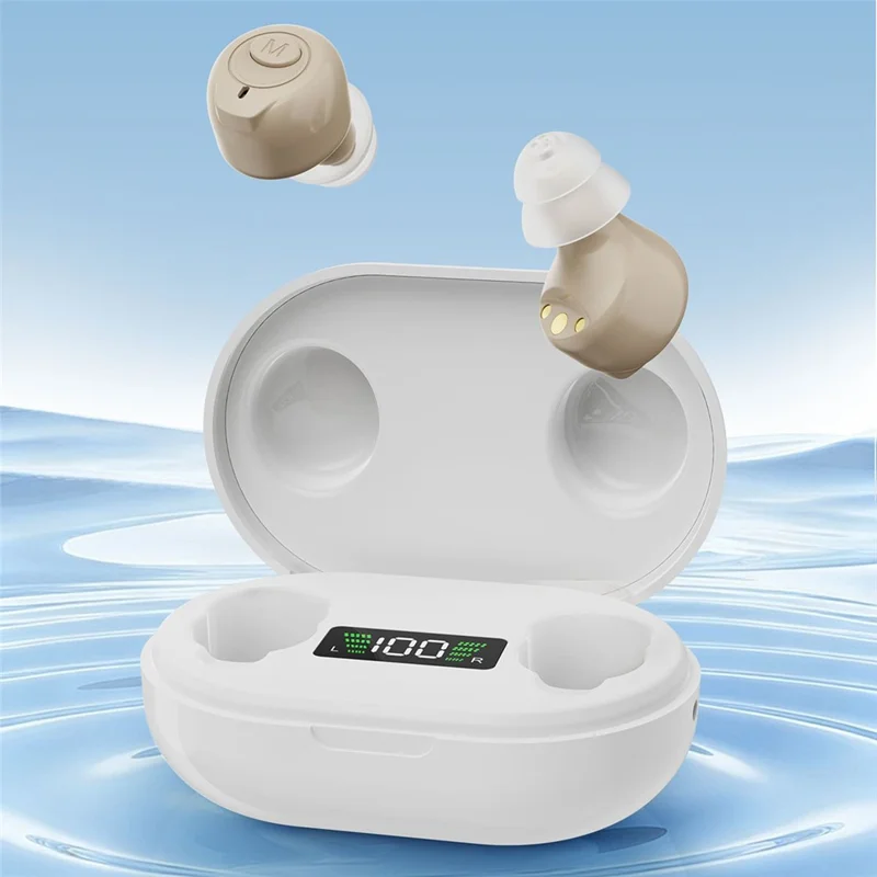 Aparelho de Audição GM-903 com Estojo de Carregamento, Amplificador de Som Digital com Visor LED Recarregável para Idosos - Bege / Estojo Branco