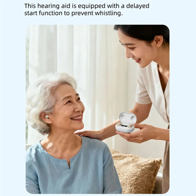 Aparelho de Audição GM-903 com Estojo de Carregamento, Amplificador de Som Digital com Visor LED Recarregável para Idosos - Bege / Estojo Branco