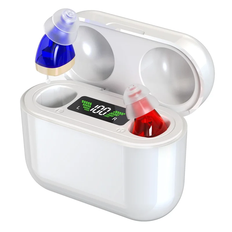 GM-912T Ergonomic CIC Design Hearing Aids with Charging Case LED Digital Display Elderly Seniors Voice Sound Amplifier - Red Blue  /  White Case