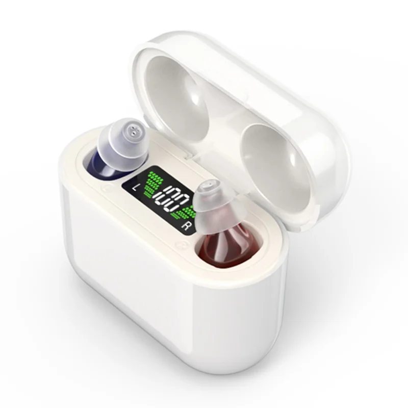 GM-912T Ergonomic CIC Design Hearing Aids with Charging Case LED Digital Display Elderly Seniors Voice Sound Amplifier - Red Blue  /  White Case