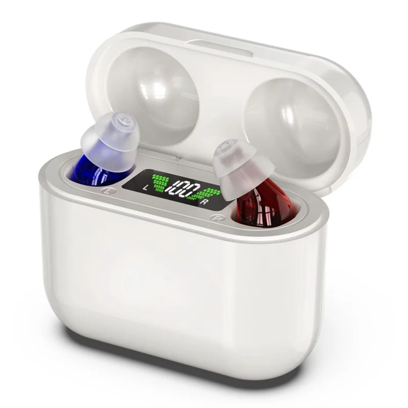GM-912T Ergonomic CIC Design Hearing Aids with Charging Case LED Digital Display Elderly Seniors Voice Sound Amplifier - Red Blue  /  White Case