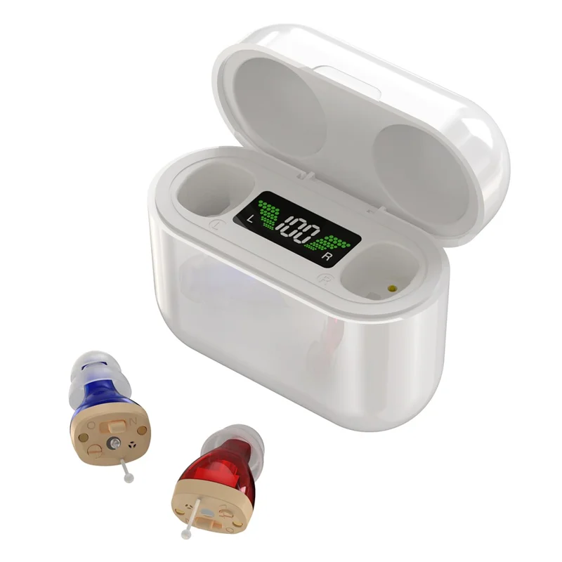 GM-912T Ergonomic CIC Design Hearing Aids with Charging Case LED Digital Display Elderly Seniors Voice Sound Amplifier - Red Blue  /  White Case