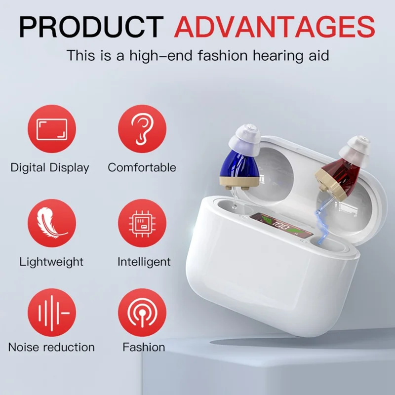 GM-912T Ergonomic CIC Design Hearing Aids with Charging Case LED Digital Display Elderly Seniors Voice Sound Amplifier - Red Blue  /  White Case
