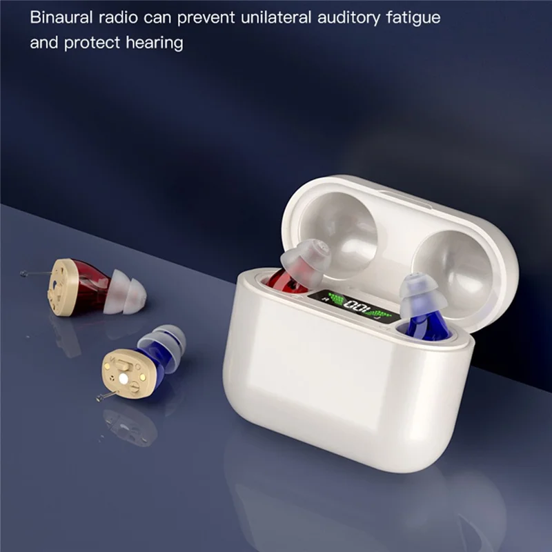GM-912T Ergonomic CIC Design Hearing Aids with Charging Case LED Digital Display Elderly Seniors Voice Sound Amplifier - Red Blue  /  White Case