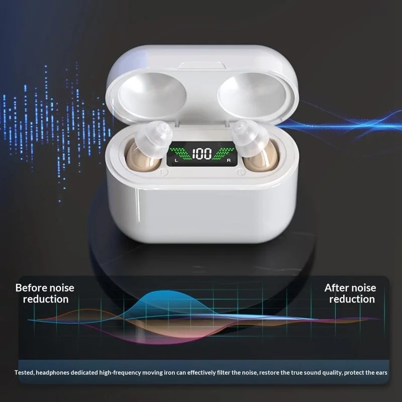 GM-912T Ergonomic CIC Design Hearing Aids with Charging Case LED Digital Display Elderly Seniors Voice Sound Amplifier - Red Blue  /  White Case