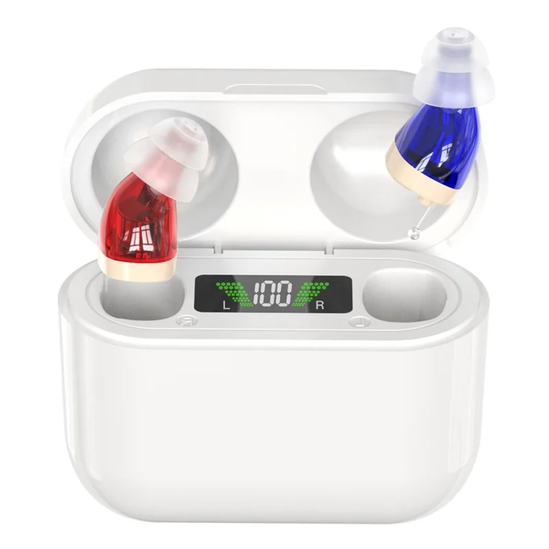 GM-912T Ergonomic CIC Design Hearing Aids with Charging Case LED Digital Display Elderly Seniors Voice Sound Amplifier - Red Blue  /  White Case