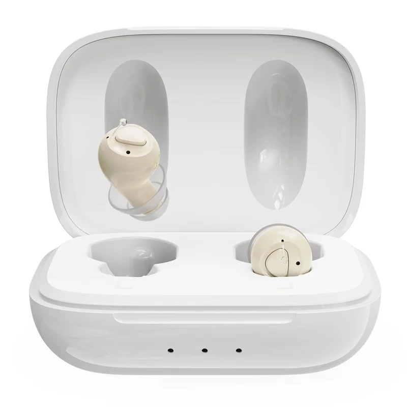 GM-955 Aparelho Auditivo Intra-Auricular Invisível de Alta Potência com Redução Inteligente de Ruído e Amplificador de Voz com Estojo de Carregamento para Idosos - Bege