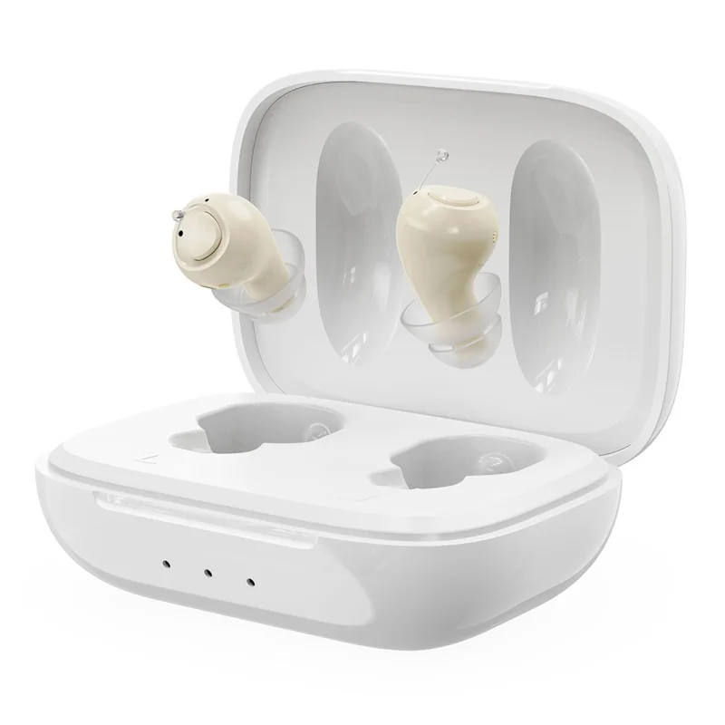 GM-955 Aparelho Auditivo Intra-Auricular Invisível de Alta Potência com Redução Inteligente de Ruído e Amplificador de Voz com Estojo de Carregamento para Idosos - Bege