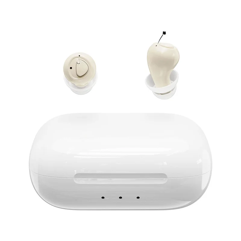 GM-955 Aparelho Auditivo Intra-Auricular Invisível de Alta Potência com Redução Inteligente de Ruído e Amplificador de Voz com Estojo de Carregamento para Idosos - Bege