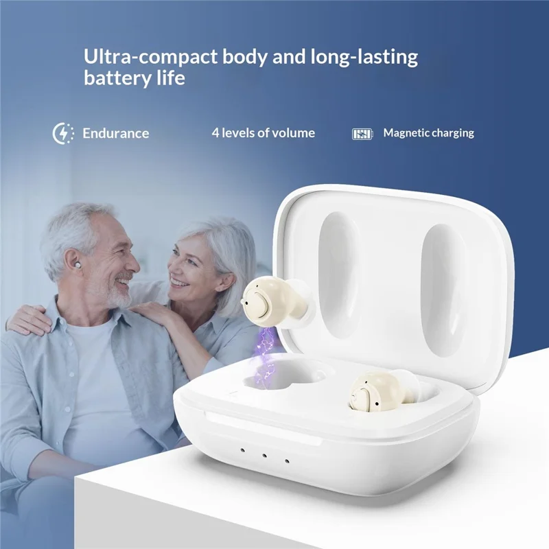 GM-955 Aparelho Auditivo Intra-Auricular Invisível de Alta Potência com Redução Inteligente de Ruído e Amplificador de Voz com Estojo de Carregamento para Idosos - Bege