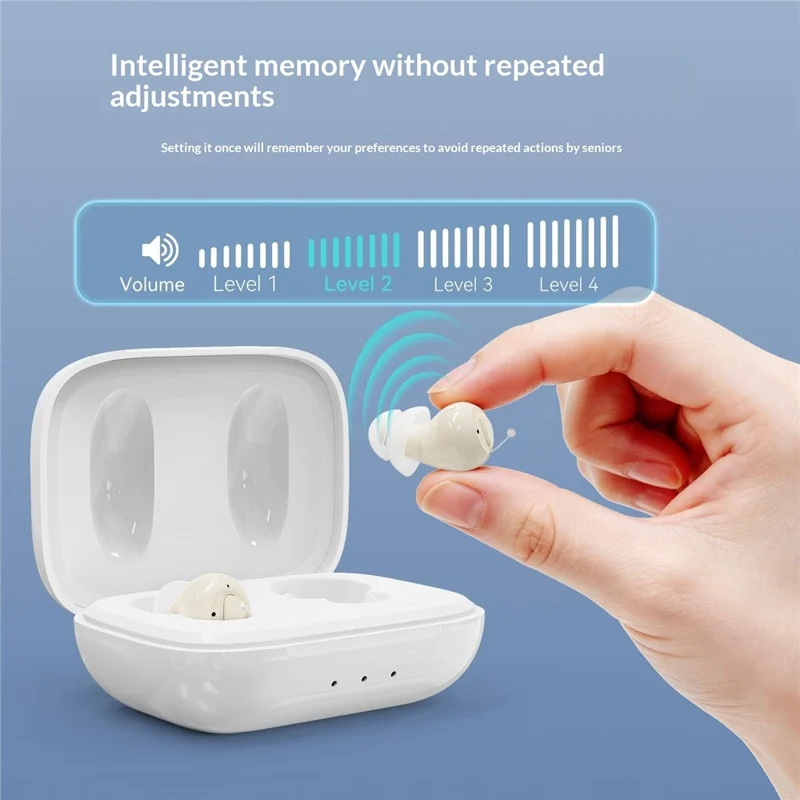 GM-955 Aparelho Auditivo Intra-Auricular Invisível de Alta Potência com Redução Inteligente de Ruído e Amplificador de Voz com Estojo de Carregamento para Idosos - Bege