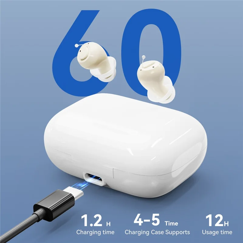 GM-955 Aparelho Auditivo Intra-Auricular Invisível de Alta Potência com Redução Inteligente de Ruído e Amplificador de Voz com Estojo de Carregamento para Idosos - Bege