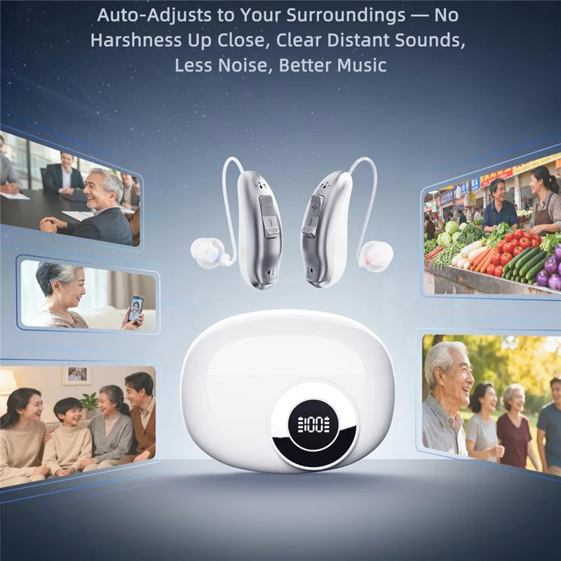 GM-321T 32-Channel Hearing Aid with Digital Display Charging Case RIC Design Noise Cancelling Voice Sound Amplifier for Elderly -White