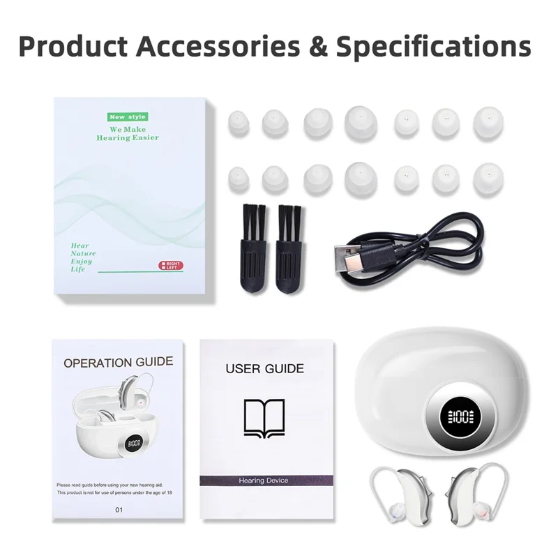 GM-321T 32-Channel Hearing Aid with Digital Display Charging Case RIC Design Noise Cancelling Voice Sound Amplifier for Elderly -White