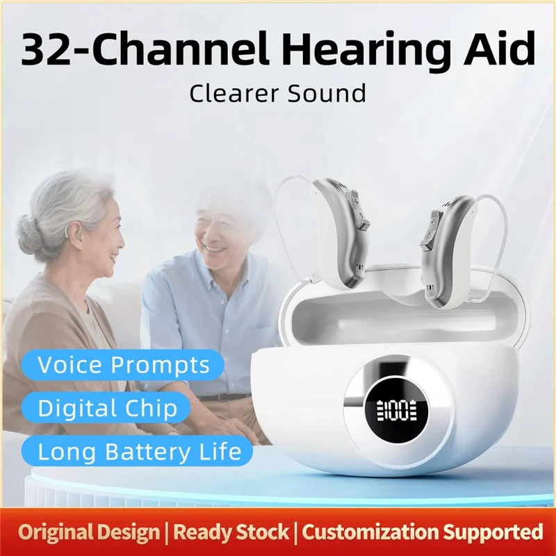 GM-321T 32-Channel Hearing Aid with Digital Display Charging Case RIC Design Noise Cancelling Voice Sound Amplifier for Elderly -White