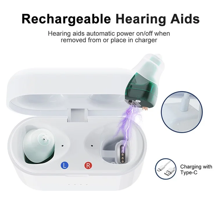 SR02 One Pair Magnetic Charging Hearing Aids Rechargeable Sound Amplifiers Hearing Aid Devices Headsets with Charging Case for Seniors, Adults