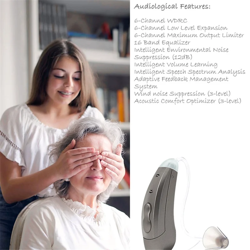 S601 Left Ear Elderly 6-Channel Sound Amplifier Digital Hearing Aid Headset for Elderly, Seniors, Adults - Pearl Grey