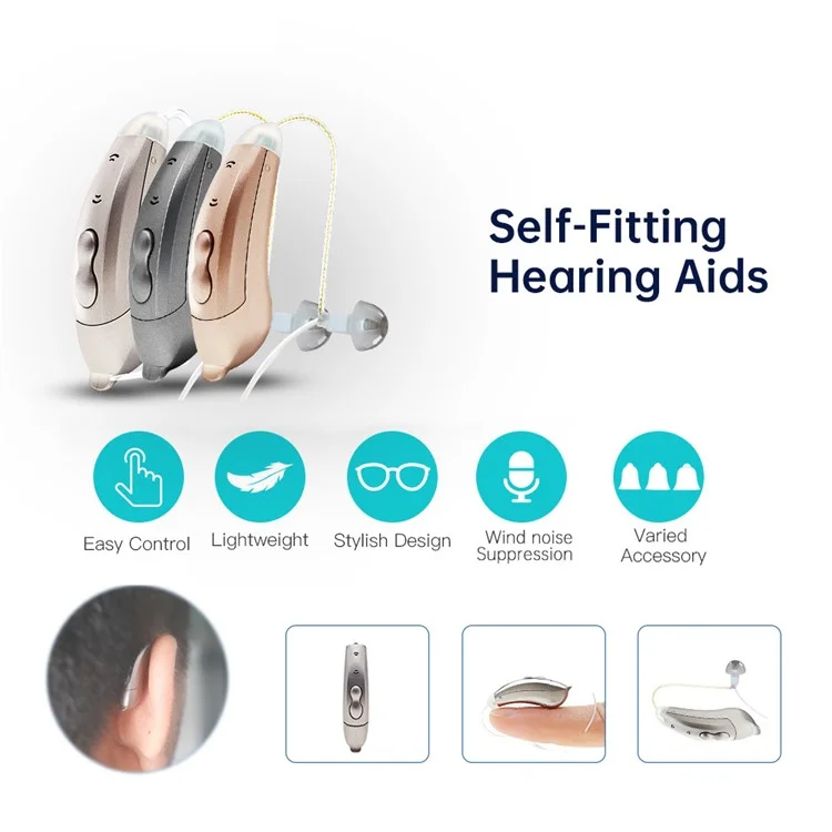V885P Left Ear Elderly / Deaf People Hearing Aid RIC Seniors Self-Adaptive Feedback System Digital Sound Amplifier Headset - Champagne