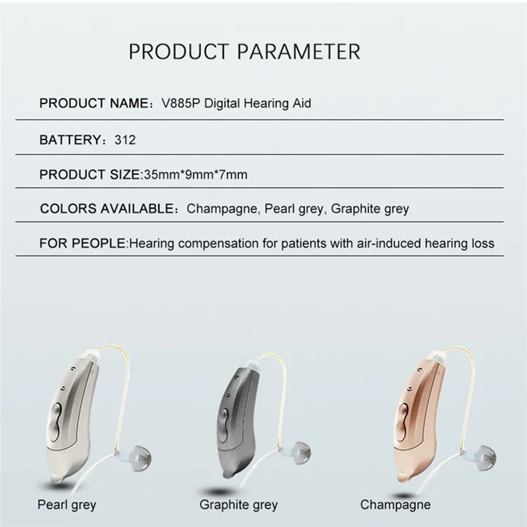 V885P Left Ear Elderly / Deaf People Hearing Aid RIC Seniors Self-Adaptive Feedback System Digital Sound Amplifier Headset - Champagne