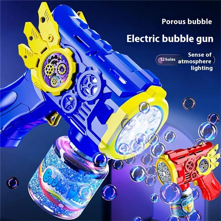 Máquina de pistola de burbujas con 1 botella de solución de recarga para niños, soplador de burbujas automático con luz LED, regalo para juegos al aire libre - Azul