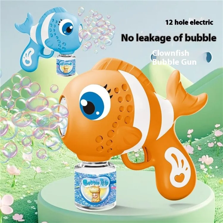Máquina de bolhas em formato de peixe-palhaço elétrica com 1 frasco de solução de bolhas Soprador de bolhas automático para crianças - Azul