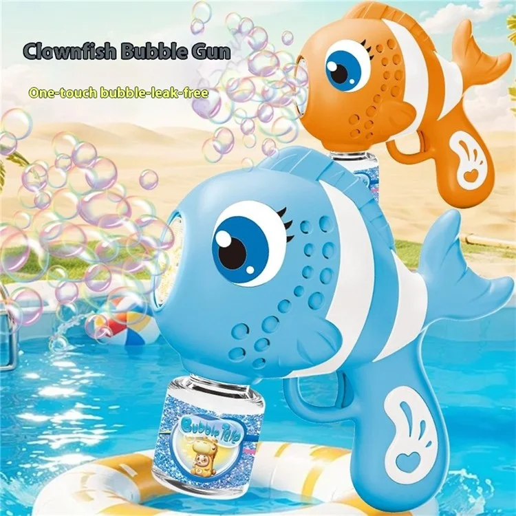 Máquina de bolhas em formato de peixe-palhaço elétrica com 1 frasco de solução de bolhas Soprador de bolhas automático para crianças - Azul