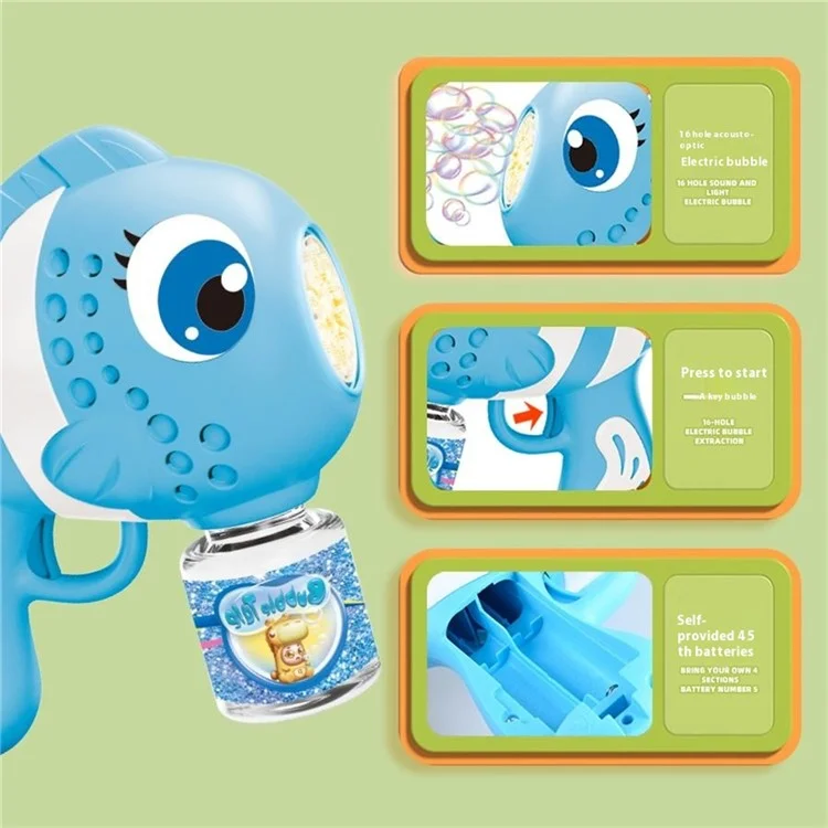 Máquina de bolhas em formato de peixe-palhaço elétrica com 1 frasco de solução de bolhas Soprador de bolhas automático para crianças - Azul