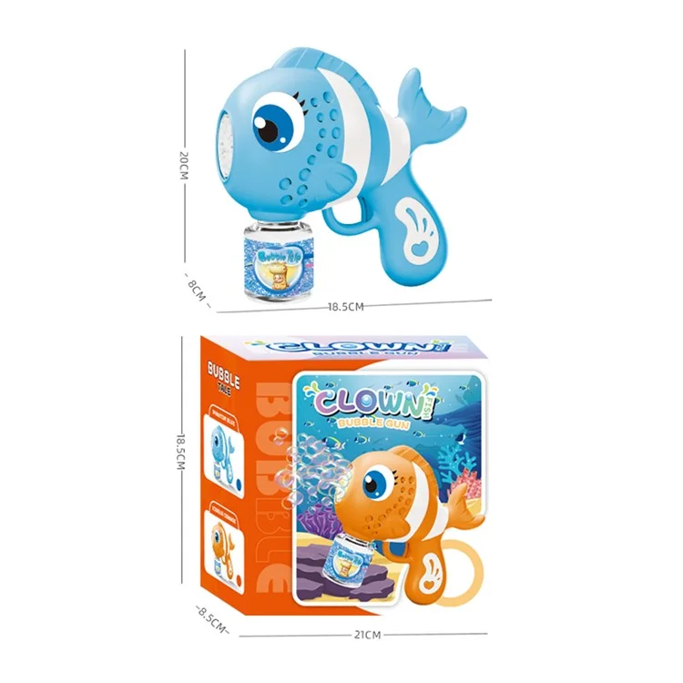 Máquina de bolhas em formato de peixe-palhaço elétrica com 1 frasco de solução de bolhas Soprador de bolhas automático para crianças - Azul