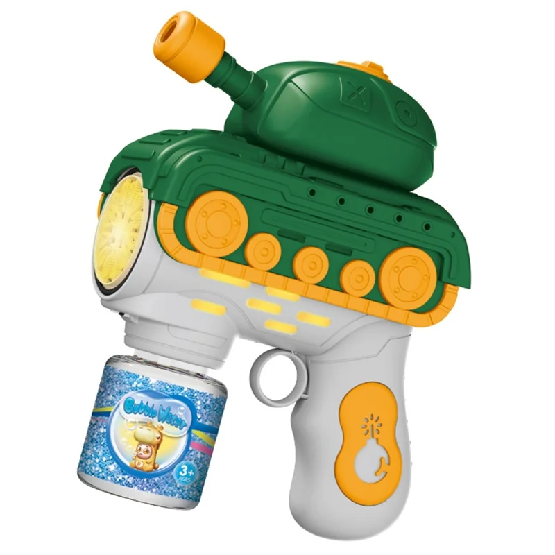 Pistola de Burbujas Eléctrica Infantil con Temática de Tanque, Máquina Automática de Burbujas con 12 Agujeros, Juguete Portátil con Botella para Solución de Burbujas - Verde
