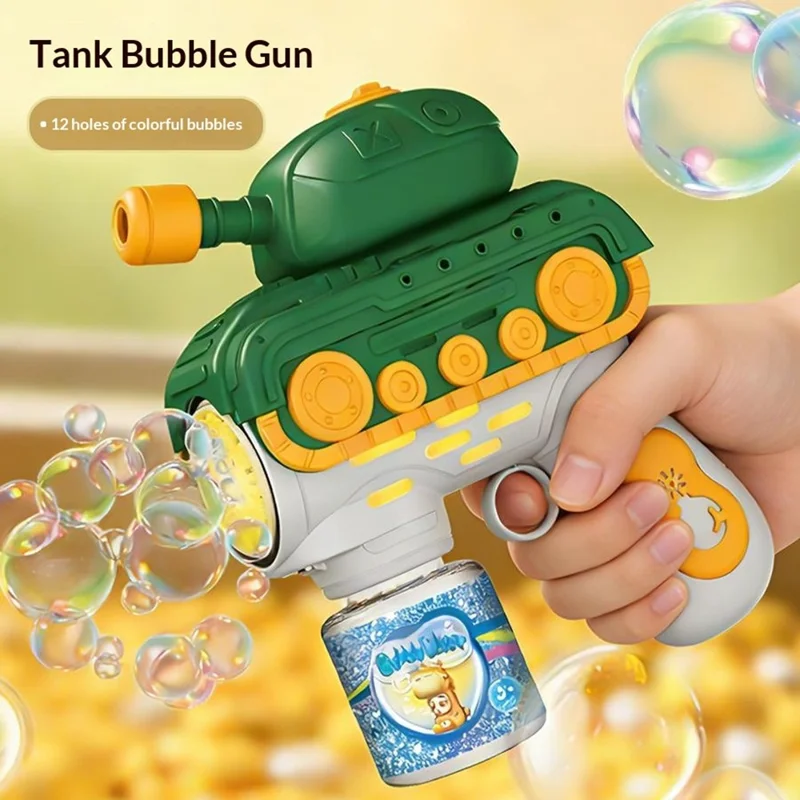Pistola de Burbujas Eléctrica Infantil con Temática de Tanque, Máquina Automática de Burbujas con 12 Agujeros, Juguete Portátil con Botella para Solución de Burbujas - Verde