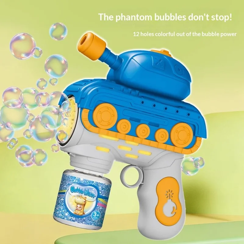 Pistola de Burbujas Eléctrica Infantil con Temática de Tanque, Máquina Automática de Burbujas con 12 Agujeros, Juguete Portátil con Botella para Solución de Burbujas - Verde