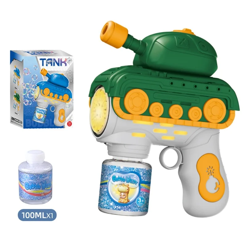 Pistola de Burbujas Eléctrica Infantil con Temática de Tanque, Máquina Automática de Burbujas con 12 Agujeros, Juguete Portátil con Botella para Solución de Burbujas - Verde