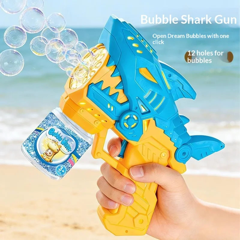Kinder Cartoon-Hai-Blasenpistole Elektrische automatische leuchtende Blasenmaschine Outdoor-Spielzeug mit Blasenflüssigkeitflasche - Gelb / Blau