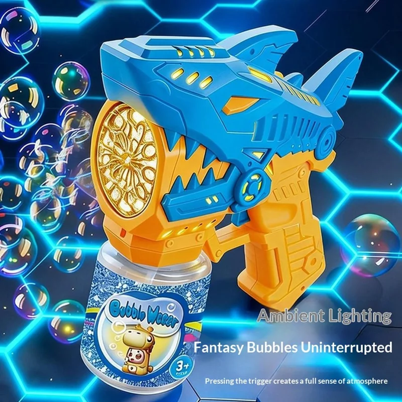 Kinder Cartoon-Hai-Blasenpistole Elektrische automatische leuchtende Blasenmaschine Outdoor-Spielzeug mit Blasenflüssigkeitflasche - Gelb / Blau