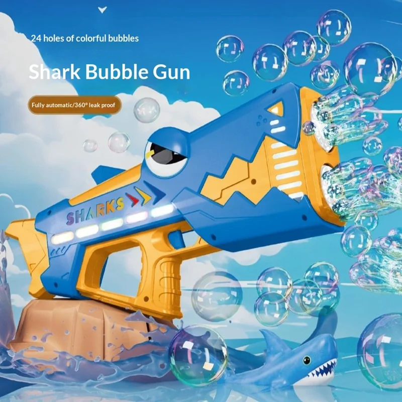 Детская электрическая пулемёт-акула с 24 отверстиями, автоматическая светящаяся машина для мыльных пузырей, USB-зарядка с бутылочкой для раствора мыльных пузырей — синяя