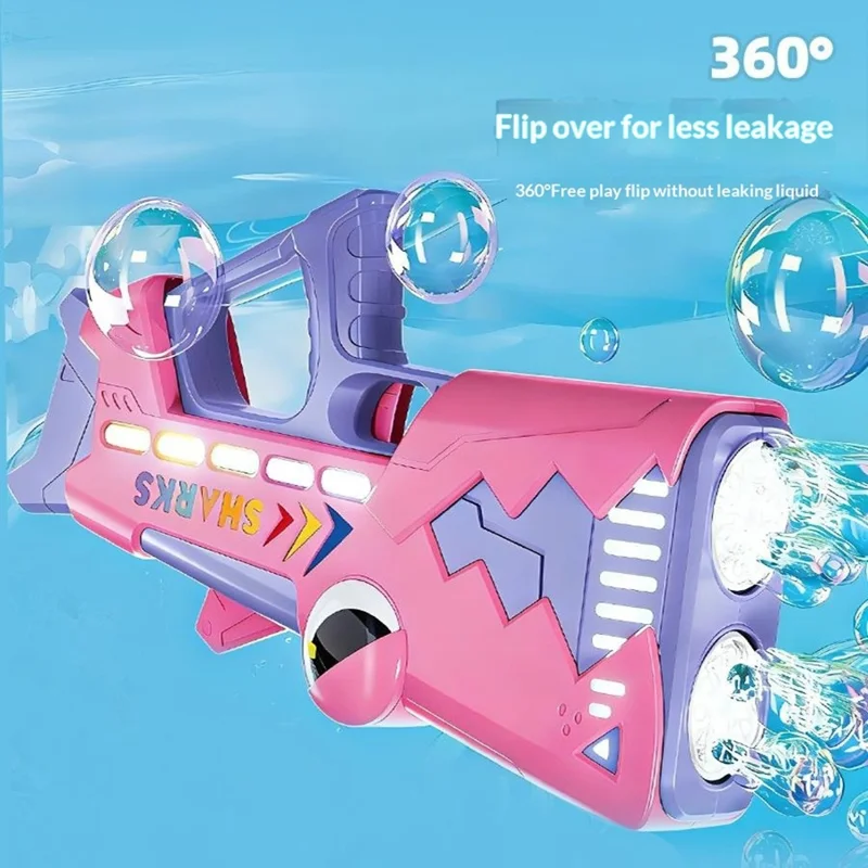 Детская электрическая пулемёт-акула с 24 отверстиями, автоматическая светящаяся машина для мыльных пузырей, USB-зарядка с бутылочкой для раствора мыльных пузырей — синяя