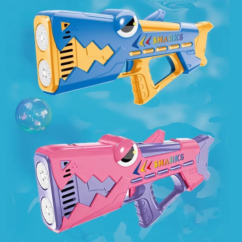 Детская электрическая пулемёт-акула с 24 отверстиями, автоматическая светящаяся машина для мыльных пузырей, USB-зарядка с бутылочкой для раствора мыльных пузырей — синяя