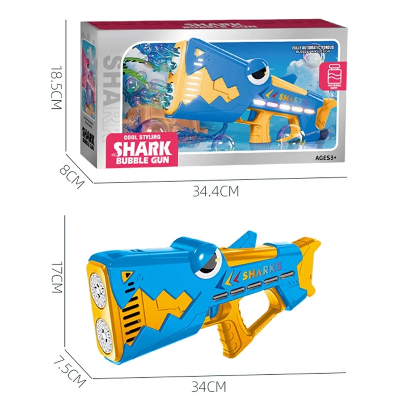 Детская электрическая пулемёт-акула с 24 отверстиями, автоматическая светящаяся машина для мыльных пузырей, USB-зарядка с бутылочкой для раствора мыльных пузырей — синяя