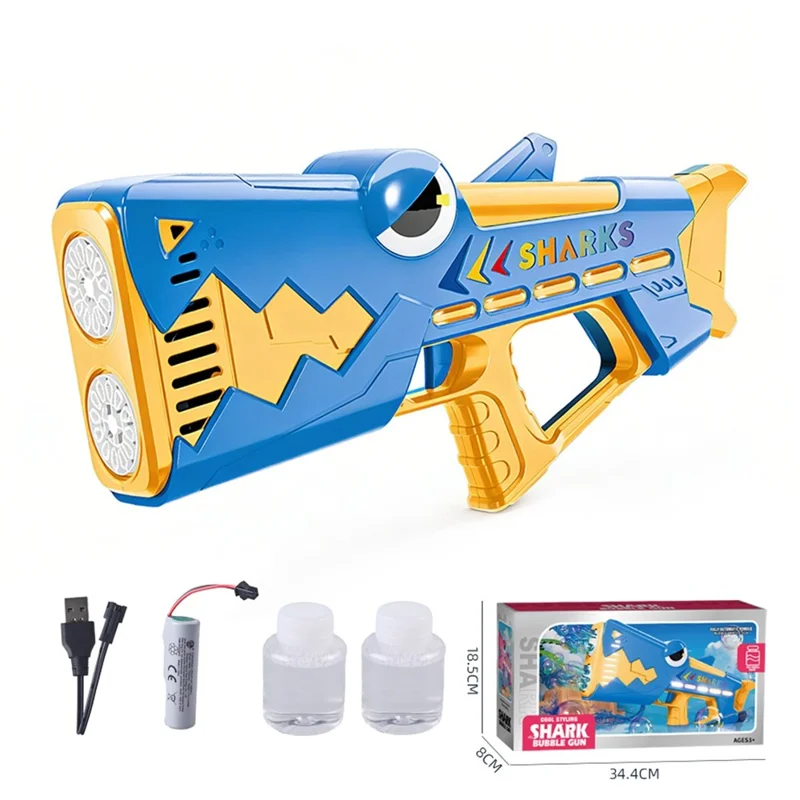 Детская электрическая пулемёт-акула с 24 отверстиями, автоматическая светящаяся машина для мыльных пузырей, USB-зарядка с бутылочкой для раствора мыльных пузырей — синяя