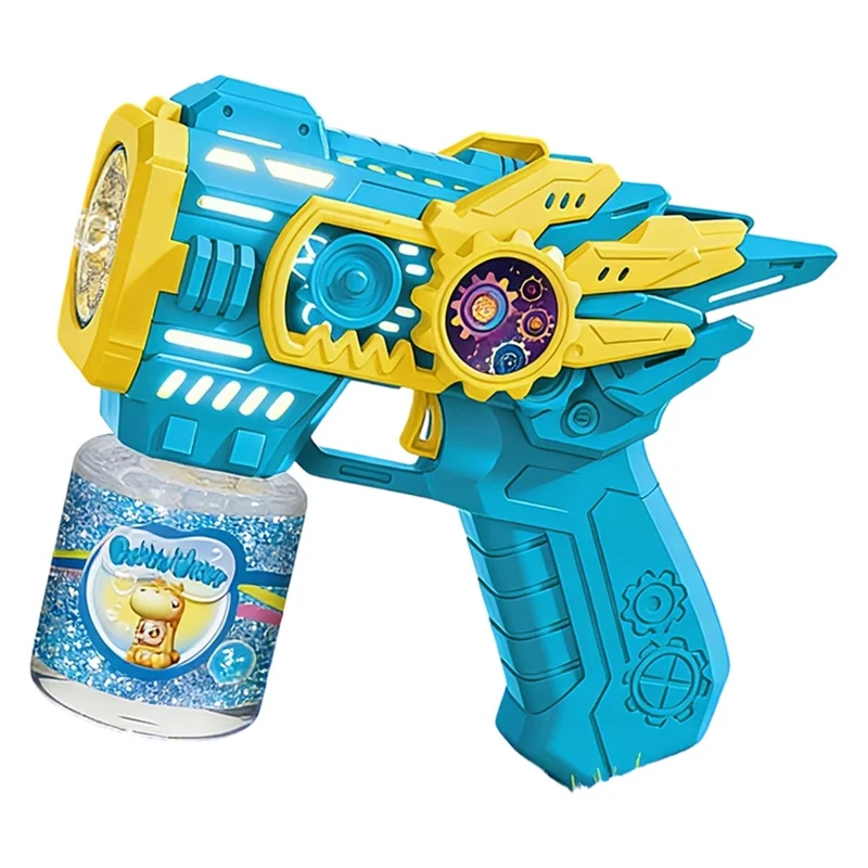 Детская электрическая бластер-пушка для мыльных пузырей, автоматическая многосопловая машина для пузырей со светодиодной подсветкой, дизайн в виде шестерёнок, уличная игрушка с бутылочкой для раствора — синяя