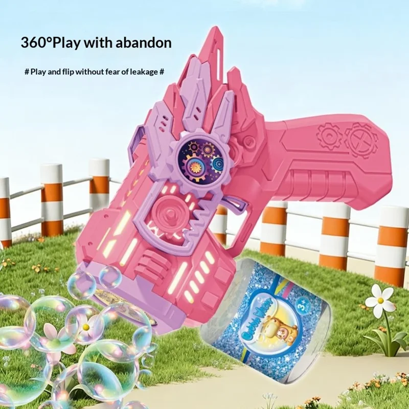 Детская электрическая бластер-пушка для мыльных пузырей, автоматическая многосопловая машина для пузырей со светодиодной подсветкой, дизайн в виде шестерёнок, уличная игрушка с бутылочкой для раствора — синяя