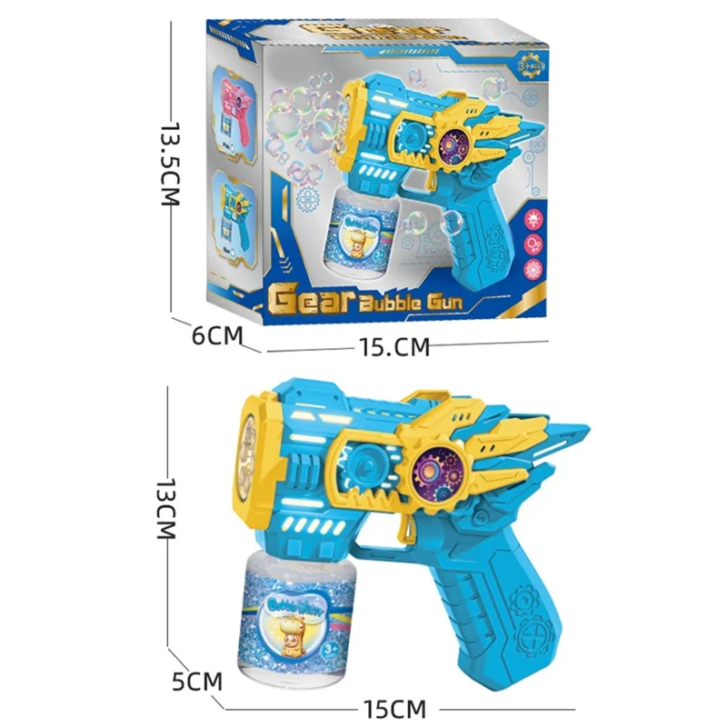 Детская электрическая бластер-пушка для мыльных пузырей, автоматическая многосопловая машина для пузырей со светодиодной подсветкой, дизайн в виде шестерёнок, уличная игрушка с бутылочкой для раствора — синяя