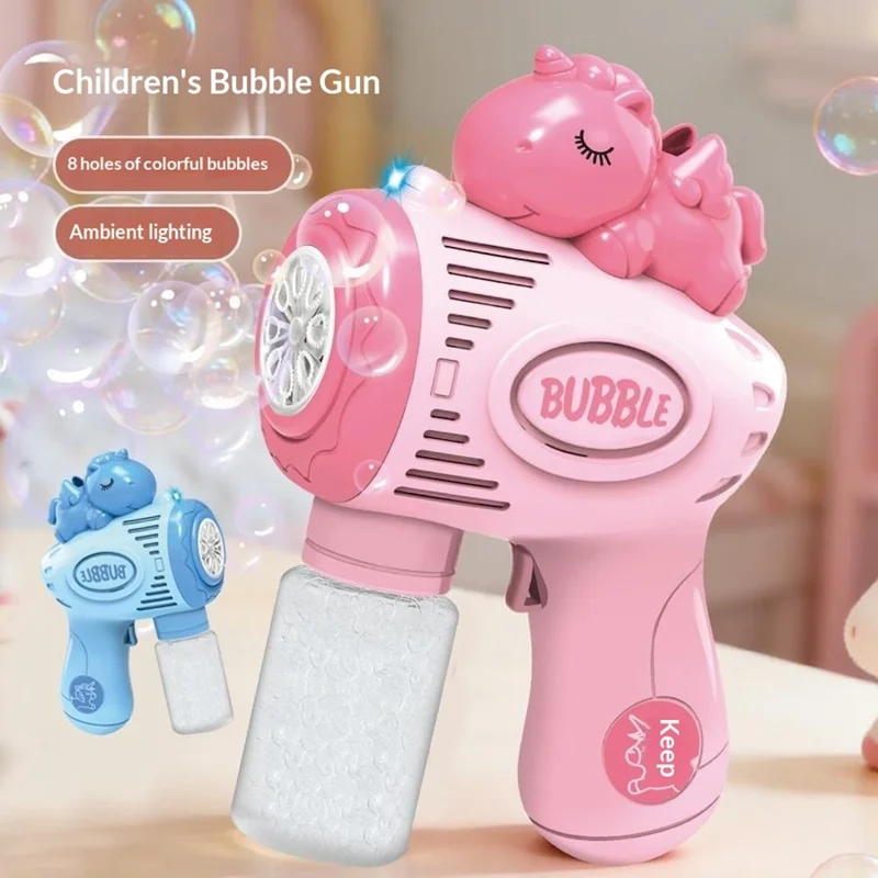 6601-60 / 61 / 65 / 66 Electric Bubble Gun Toy Automatic Handheld Multi-Hole Bubble Maker Toy with LED Light for Kids - Pink  /  Unicorn