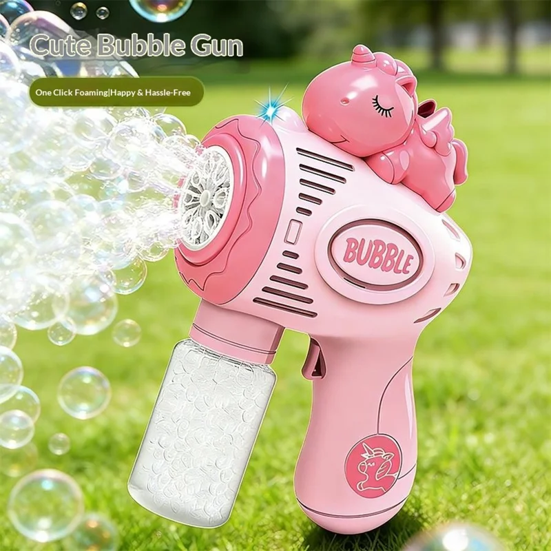 6601-60 / 61 / 65 / 66 Electric Bubble Gun Toy Automatic Handheld Multi-Hole Bubble Maker Toy with LED Light for Kids - Pink  /  Unicorn