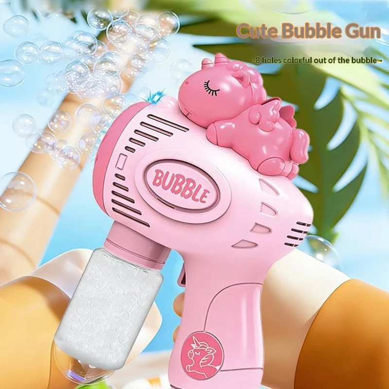 6601-60 / 61 / 65 / 66 Electric Bubble Gun Toy Automatic Handheld Multi-Hole Bubble Maker Toy with LED Light for Kids - Pink  /  Unicorn