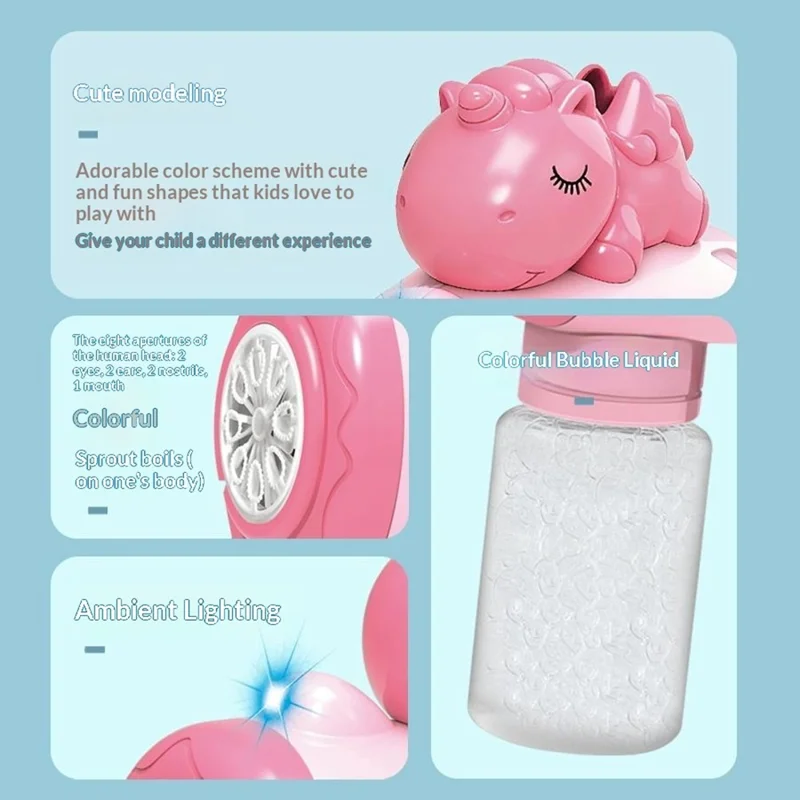 6601-60 / 61 / 65 / 66 Electric Bubble Gun Toy Automatic Handheld Multi-Hole Bubble Maker Toy with LED Light for Kids - Pink  /  Unicorn
